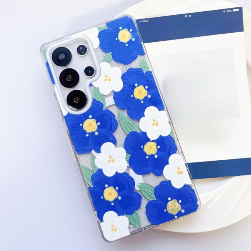Pink Blue Flower Magnetic Phone Case For Samsung