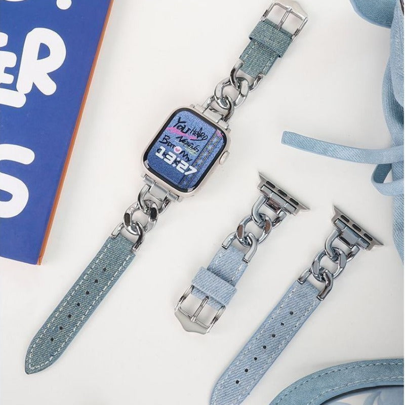 Metal Chain Denim Leather Watch Strap For iWatch