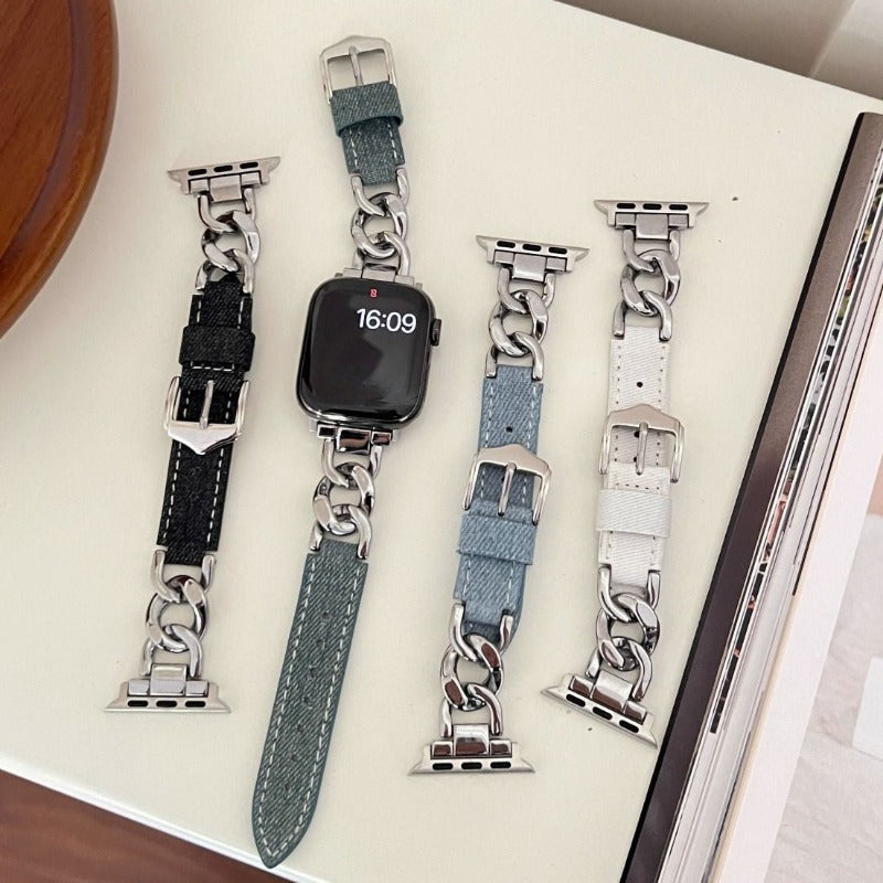 Metal Chain Denim Leather Watch Strap For iWatch