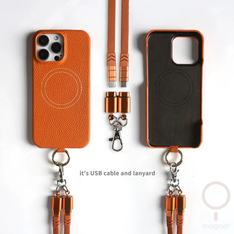 Versatile Lanyard USB Charging Cable Genuine Leather Phone Case For iPhone