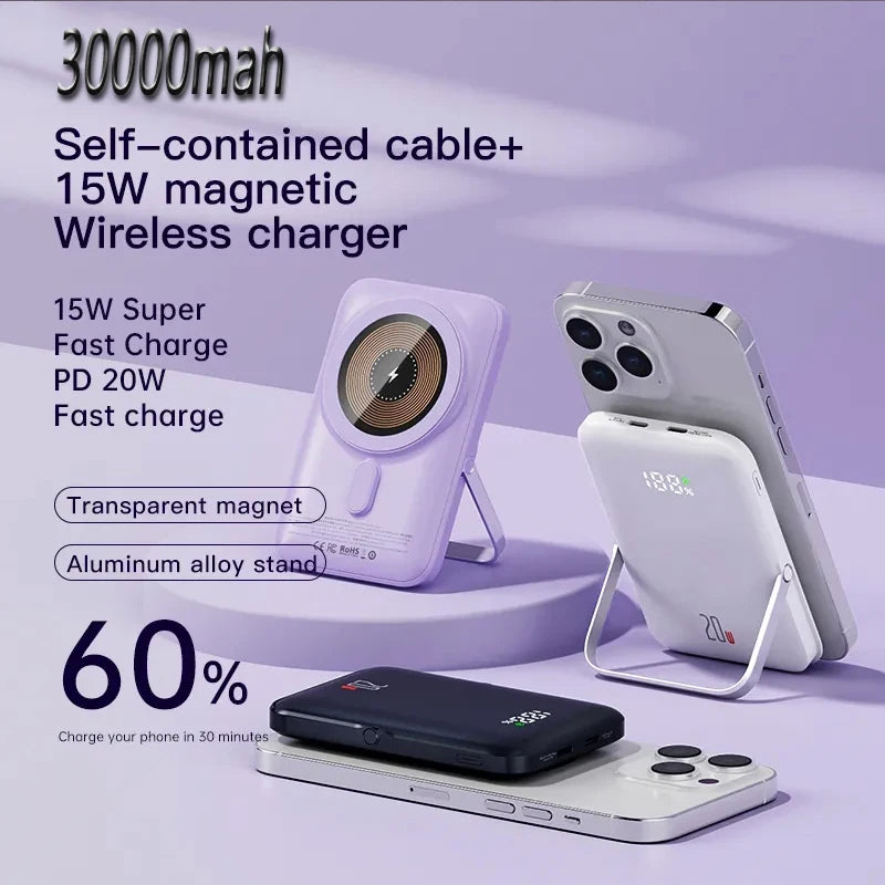 New Portable Magnetic 30000mAh Power Bank Wireless Charging Stand For IPhone