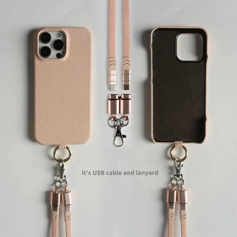 Versatile Lanyard USB Charging Cable Genuine Leather Phone Case For iPhone