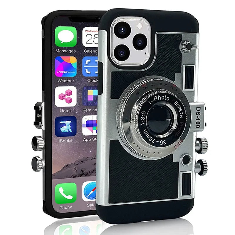 3D Vintage Camera Leather Case with Neck Lanyard For iPhone