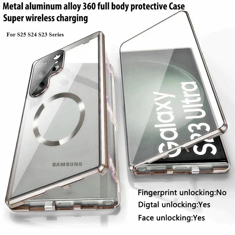 Custodia in vetro con schermo full surround a 360° in metallo magnetico in lega di alluminio per Samsung