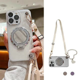 Mirror Stand Silk Strap Case For iPhone 17 16 15 14 11 12 13 Pro Max XS Plus 16E Transparent Crossbody Neck Lanyard Soft Cover
