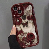 Butterfly Painted Flat Printing Wine Red Cream Texture Soft Phone Case For iPhone