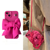 Fluorescent Pink Bow Crossbody Lanyard Phone Case For iPhone