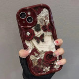 Butterfly Painted Flat Printing Wine Red Cream Texture Soft Phone Case For iPhone