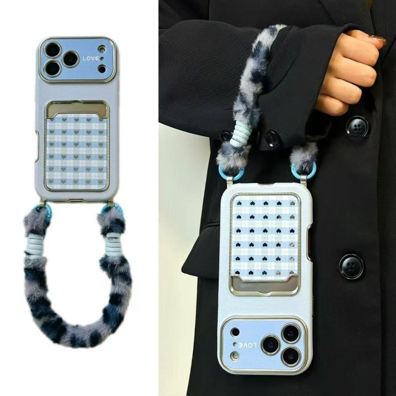 Checkered Heart Plush Rope Phone Case For iPhone