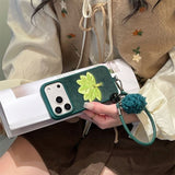 Velvet Green Embroidered Grapefruit Leaf Phone Case For iPhone