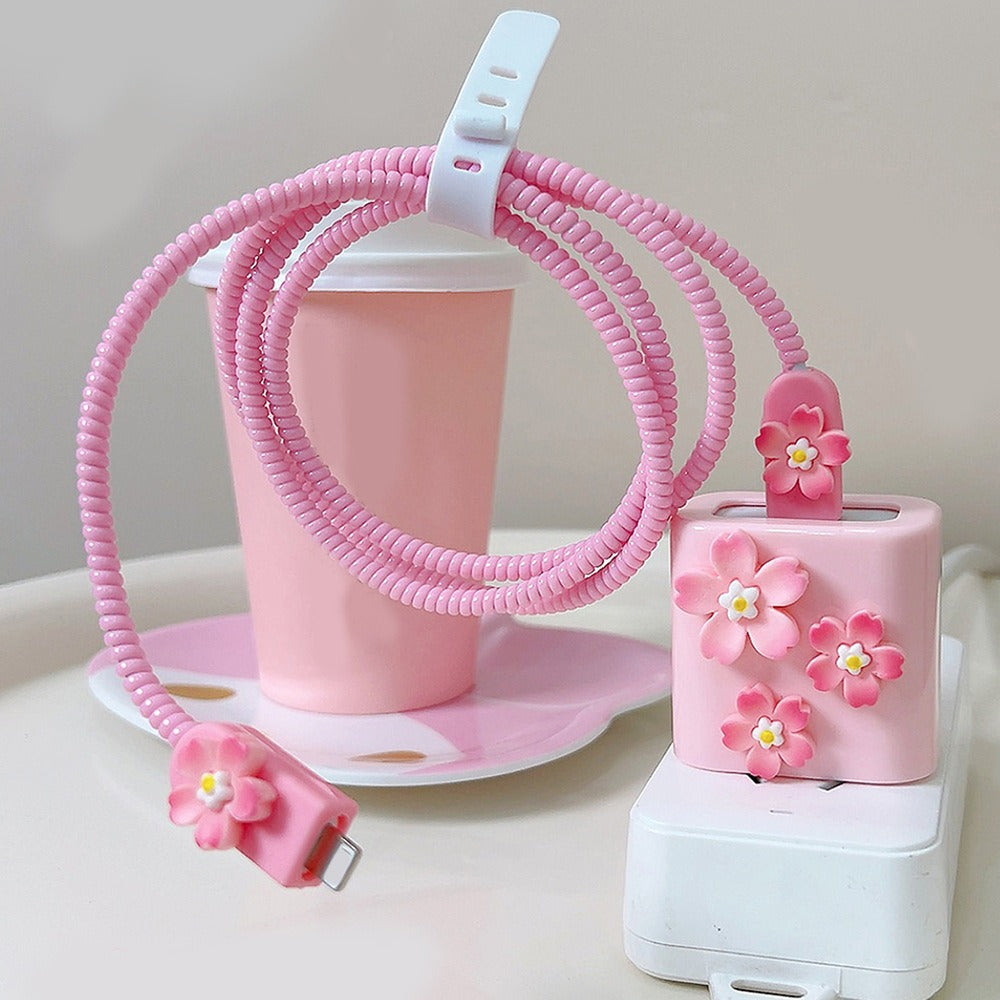 20w Pink Cherry Blossom Cute Data Cable Protective Cover For iPhone Cable