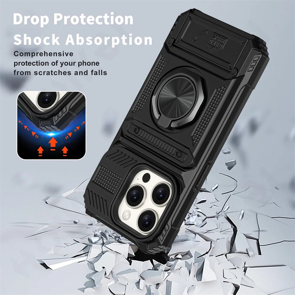 Magnetic Rotated Ring Kickstand Heavy Duty Drop Protection Wallet Case For iPhone