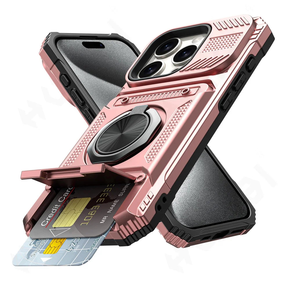 Magnetic Rotated Ring Kickstand Heavy Duty Drop Protection Wallet Case For iPhone