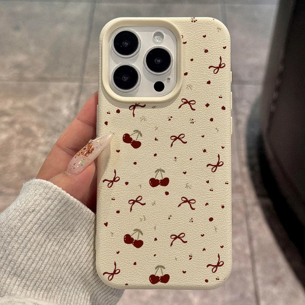 Soft Leather Cherry Phone Case For iPhone