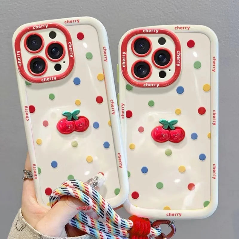 Cream Painted Cherry Doll with Colorful Polka Dot Phone Case For iPhone