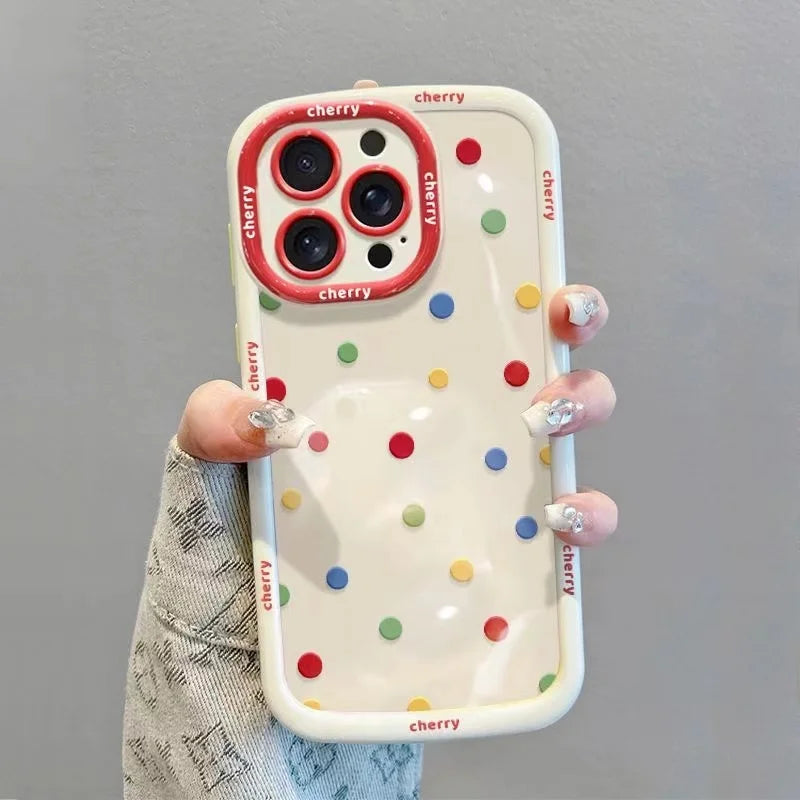 Cream Painted Cherry Doll with Colorful Polka Dot Phone Case For iPhone