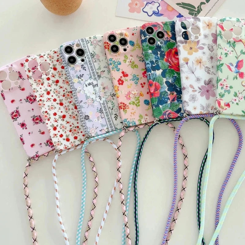 Crossbody Lanyard Strap Flower Phone Case For iPhone