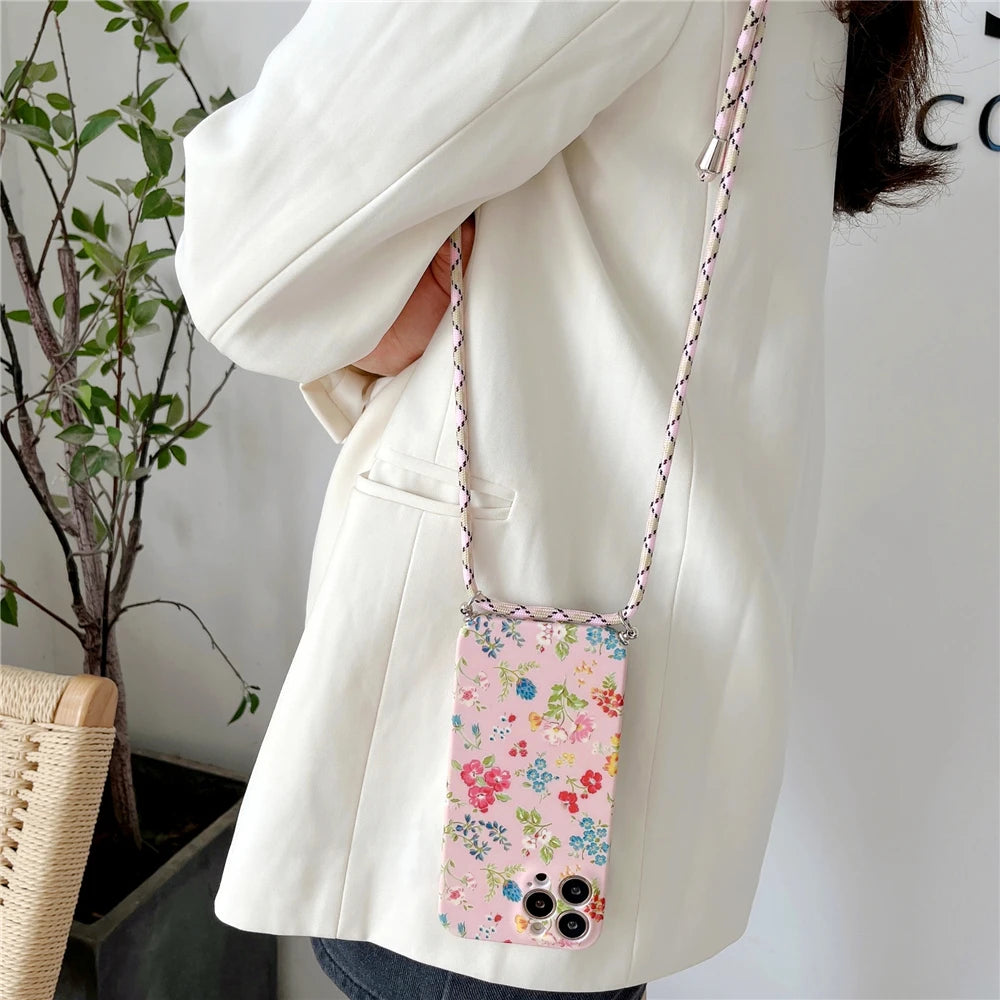 Crossbody Lanyard Strap Flower Phone Case For iPhone