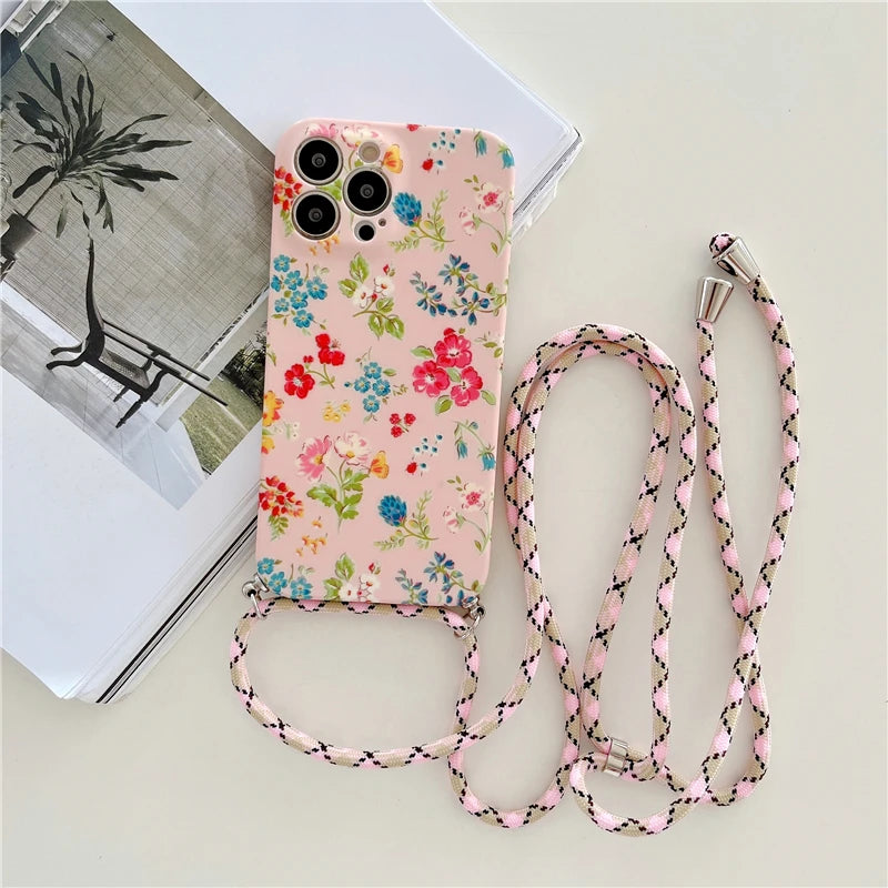 Crossbody Lanyard Strap Flower Phone Case For iPhone