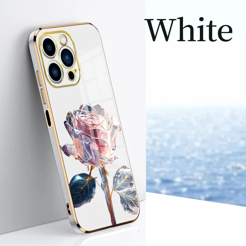 Drop-proof Rose Pattern Electroplated Square Phone Case For  iPhone