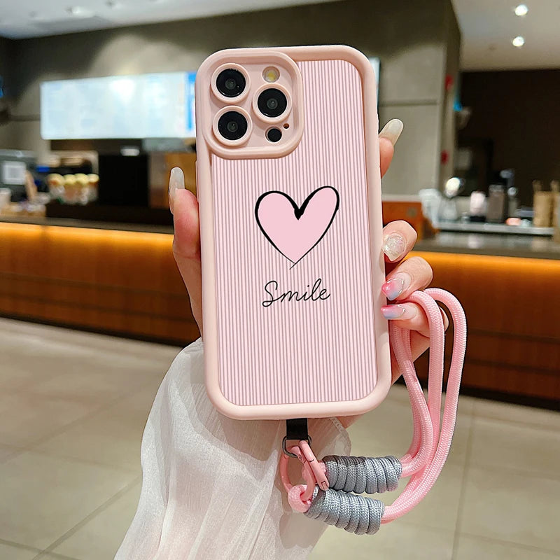 Fashion Smile Pink Love Heart Soft Lanyard Rope Phone Case For iPhone