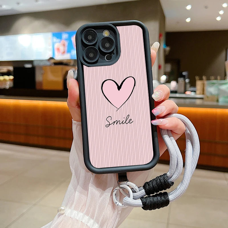 Fashion Smile Pink Love Heart Soft Lanyard Rope Phone Case For iPhone