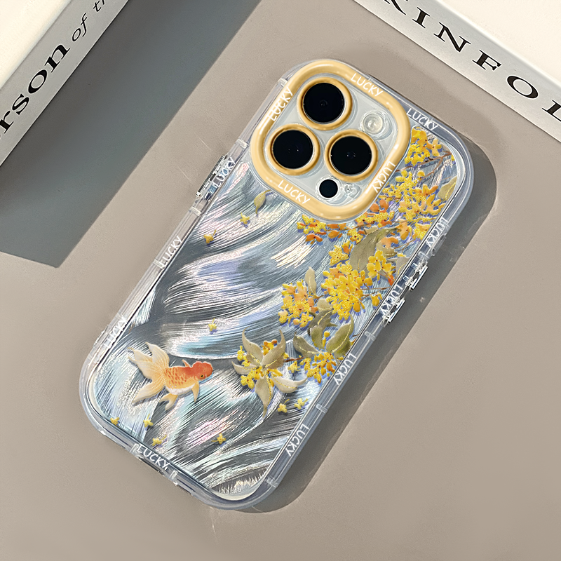 Osmanthus Goldfish Feather Pattern Transparent Phone Case For iPhone