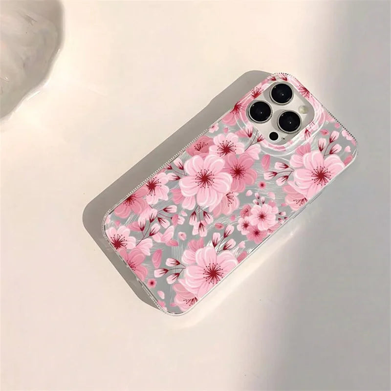Blue Peach Flower Glitter Shiny Case For iPhone