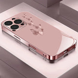 Pink Butterfly Pattern Pink Metallic Tempered Glass Phone Case For iPhone