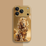 Crystal Gold Lion Pattern Gold Metallic Paint Glass Phone Case For iPhone