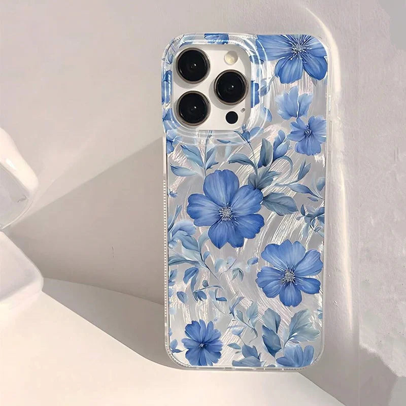 Blue Peach Flower Glitter Shiny Case For iPhone