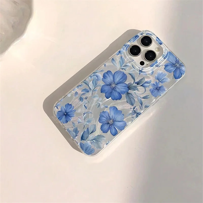 Blue Peach Flower Glitter Shiny Case For iPhone
