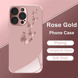 Pink Butterfly Pattern Pink Metallic Tempered Glass Phone Case For iPhone