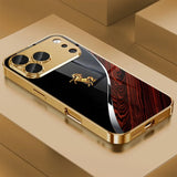 Golden Horse Pattern Gold Metallic Paint Glass Phone Case For iPhone