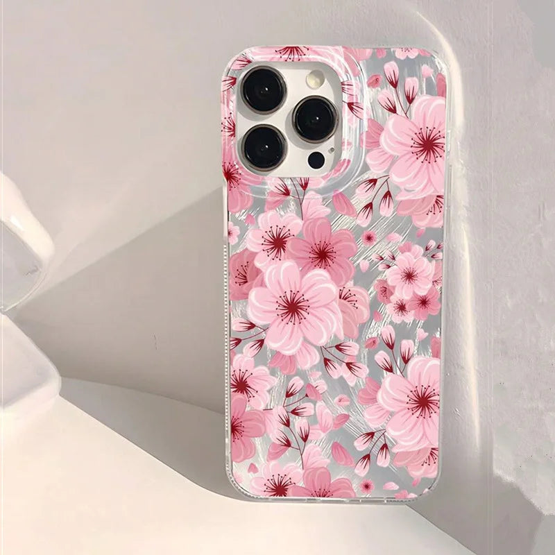 Blue Peach Flower Glitter Shiny Case For iPhone