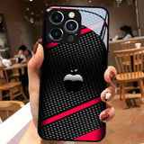 Black Carbon Fiber For Apple Pattern Tempered Glass Case For iPhone