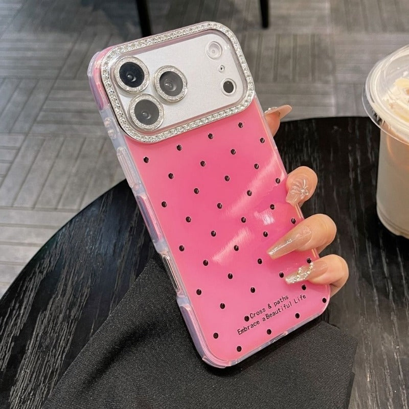 Polka Dot Rhinestone Lens Film Phone Case For iPhone