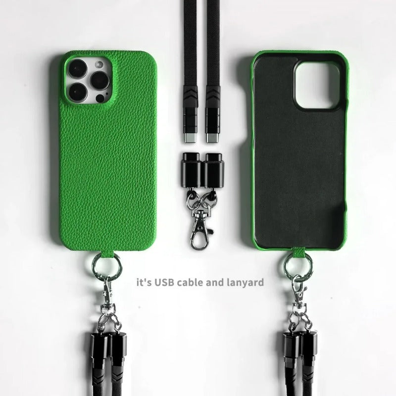 Versatile Lanyard USB Charging Cable Genuine Leather Phone Case For iPhone