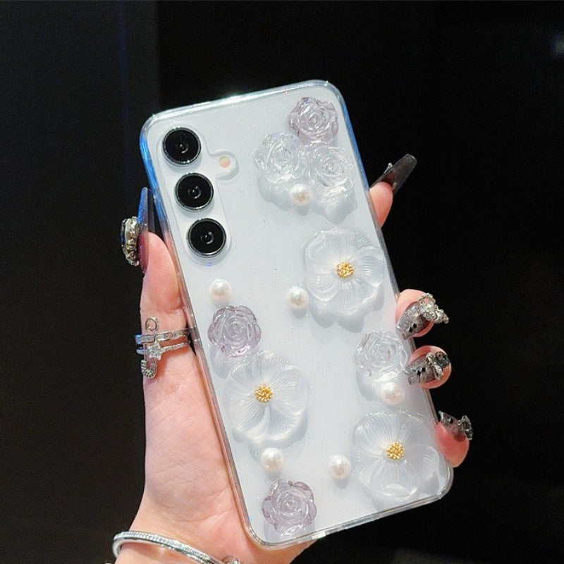 3D Pearl Flower Transparent Phone Case For Samsung