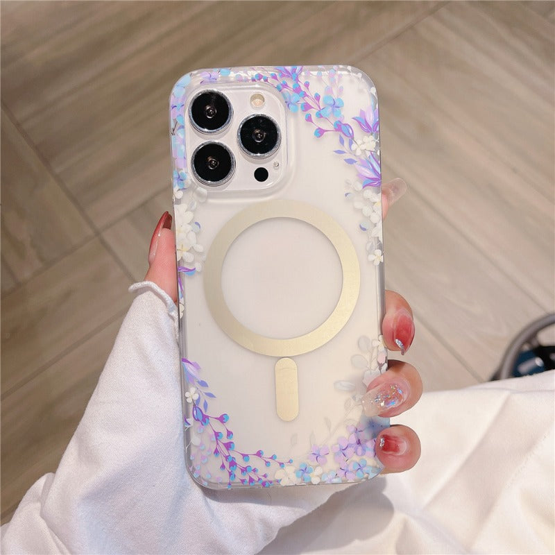 Scrub Floral Magnetic Wireless Charging Case For iPhone