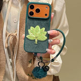 Velvet Green Embroidered Grapefruit Leaf Phone Case For iPhone