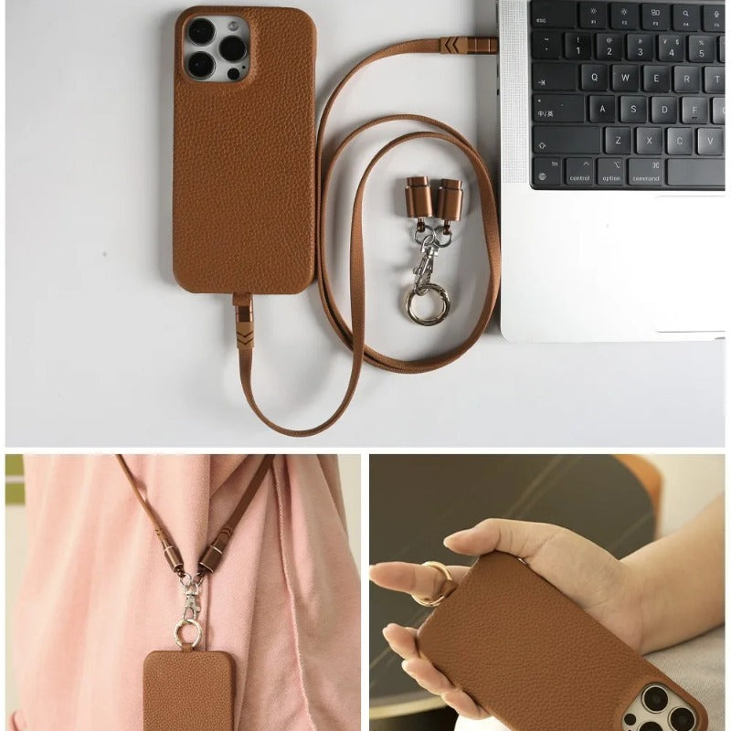 Versatile Lanyard USB Charging Cable Genuine Leather Phone Case For iPhone