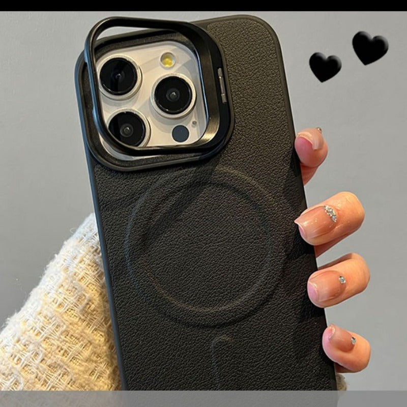 Magnetic Leather Lens Holder Phone Case For iPhone