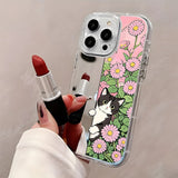 Cute Cat Daisy Flower Pattern Back Mirror Phone Case For iPhone