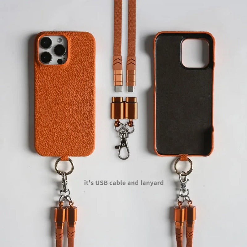 Versatile Lanyard USB Charging Cable Genuine Leather Phone Case For iPhone