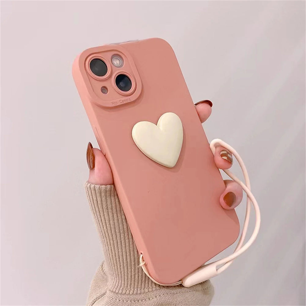 Simpatica custodia morbida per telefono 3D Black Love Heart con cinturino da polso per iPhone 