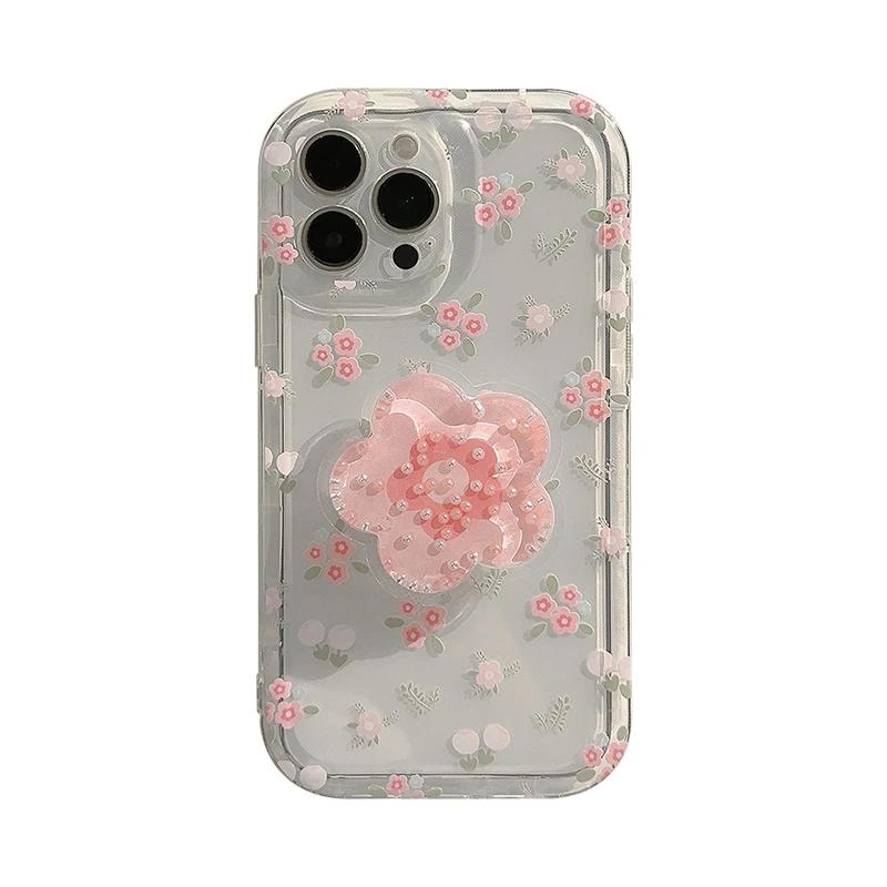 Simpatica custodia per cellulare con supporto per fiori rosa Quicksand per iPhone 